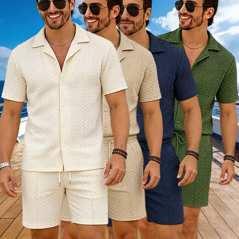 Summer men's casual retro suit Cuban collar jacquard short sleeved shirt+drawstring shorts two-piece set vacation style outfit