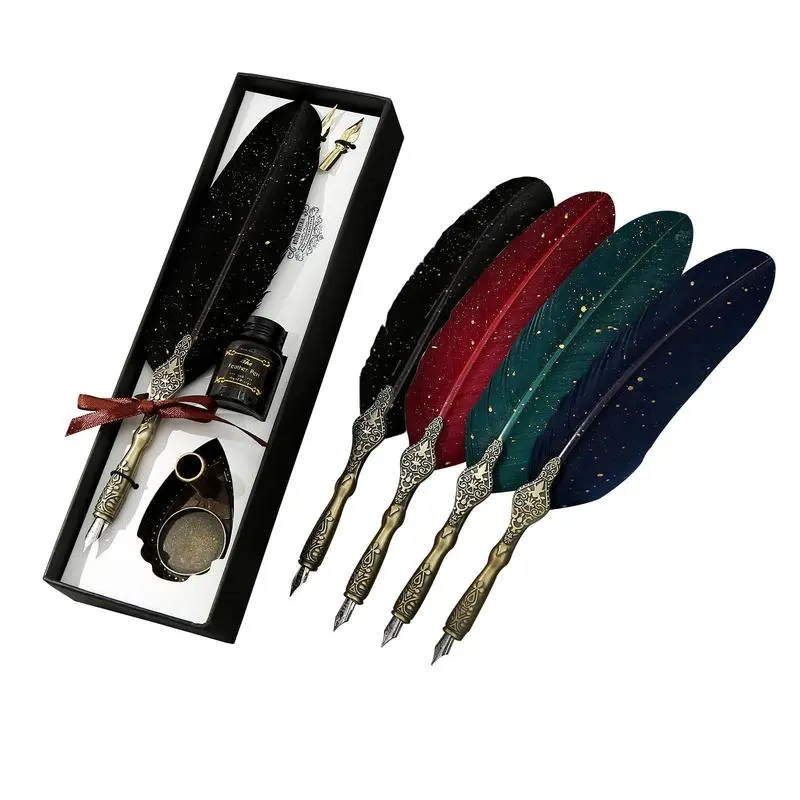 【Birthday gift】Vintage Feather Pen and Ink Set, Classic Series Goose Quill Pen with Carving Pen Stand, Calligraphy Pen Nibs, Black Dip Pen Ink, Antique Writing Gift for Holidays