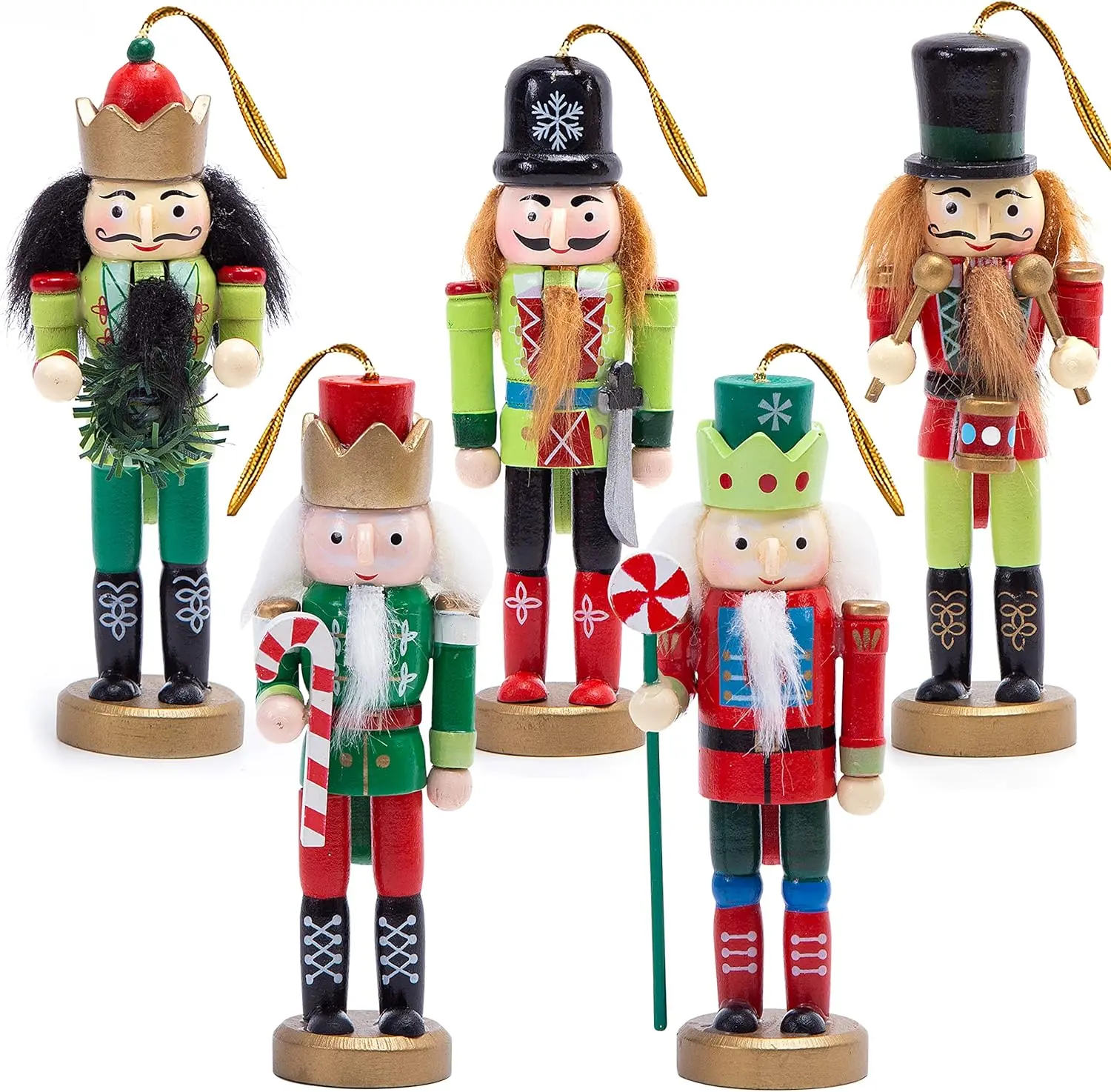 PRESENT Christmas Nutcracker Ornaments Set, 5PCS Wooden Nutcracker Soldier Hanging Decorations for Christmas Tree Figures Gifts (5.5 Inch Festive Nutcracker)
