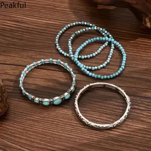 Boho Style Turquoise Decorated Bead Bracelet set for Women Vinatage Trendy Natural Stone Beads Chain Jewelry Gifts