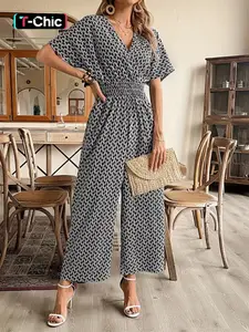 New Casual Vacation Geometric Cross V-Neck Cinched High Waist Fit Slimming Jumpsuit Overalls, European and American Style, Women's Fashion One-Piece Pants