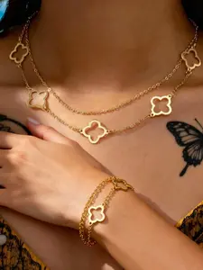 Elegant Fashion Four-Leaf Clover Double Layer Necklace Bracelet Set, Hollow Lucky Grass Jewelry for Women, Commuter Accessories