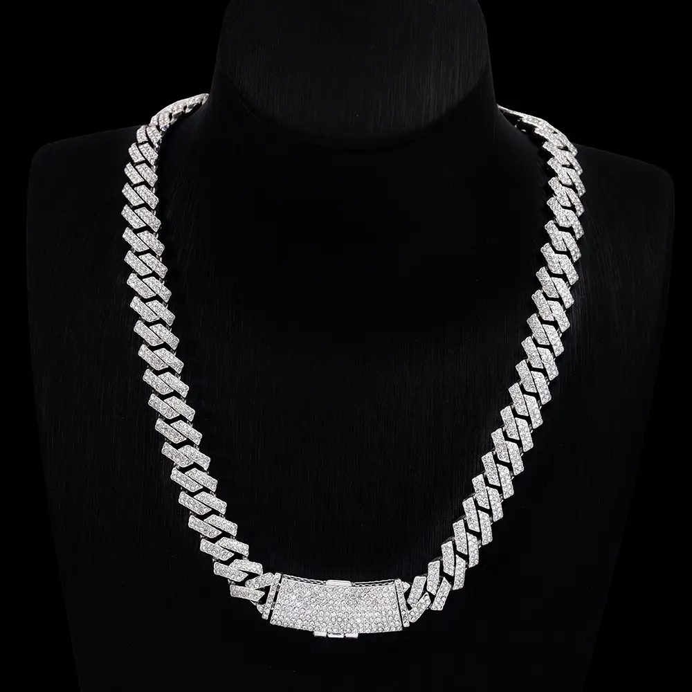 Sparkly luxury rhinestone decor chain neckle, hip hop punk style Cuban chain neckle, chunky chains