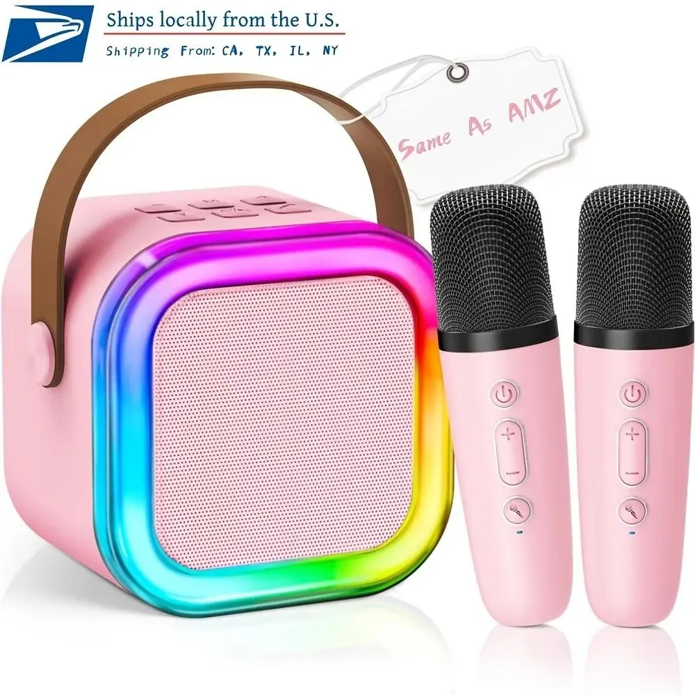 Portable Mini Karaoke Machine with 2 Wireless Microphones, Audio Speaker Set, Bluetooth & Ambient Lighting for kids & Adults