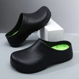 Full-grain lychee texture slip-on work clogs; solid, non-perforated, cushioned EVA; oil-resistant, non-slip; nurse/chef kitchen medical slippers; unisex