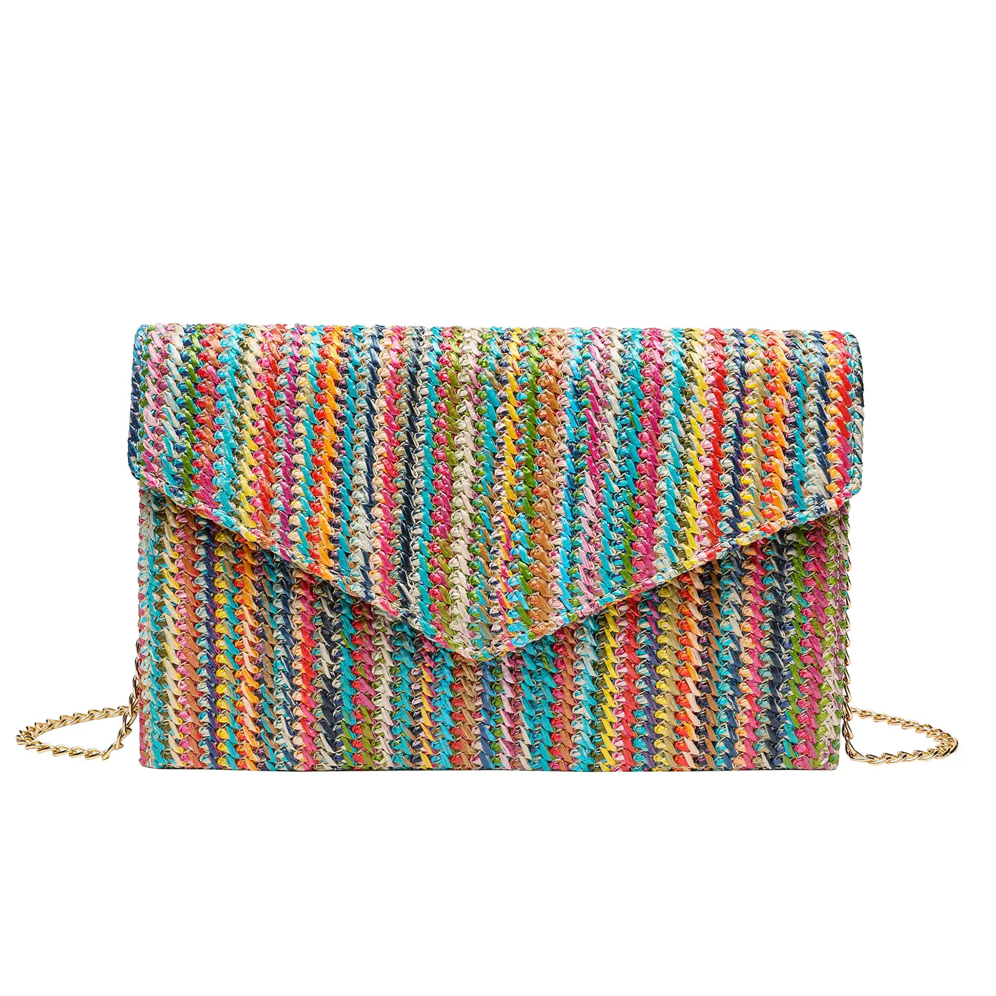 Rainbow Grass Woven Bag Beach crossbody bag envelope bag Versatile chain shoulder bag