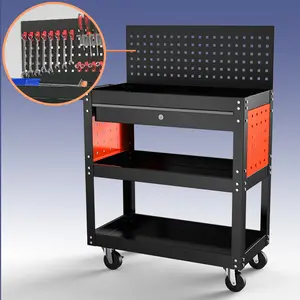 3-Tier Heavy Duty Tool Cart with Pegboard 21pcs Hooks,660lbs Loading Capacity Tool Cart Storage Tools for Automotive Repair Garage, Workshop, Home Garage Trolley with Drawer
