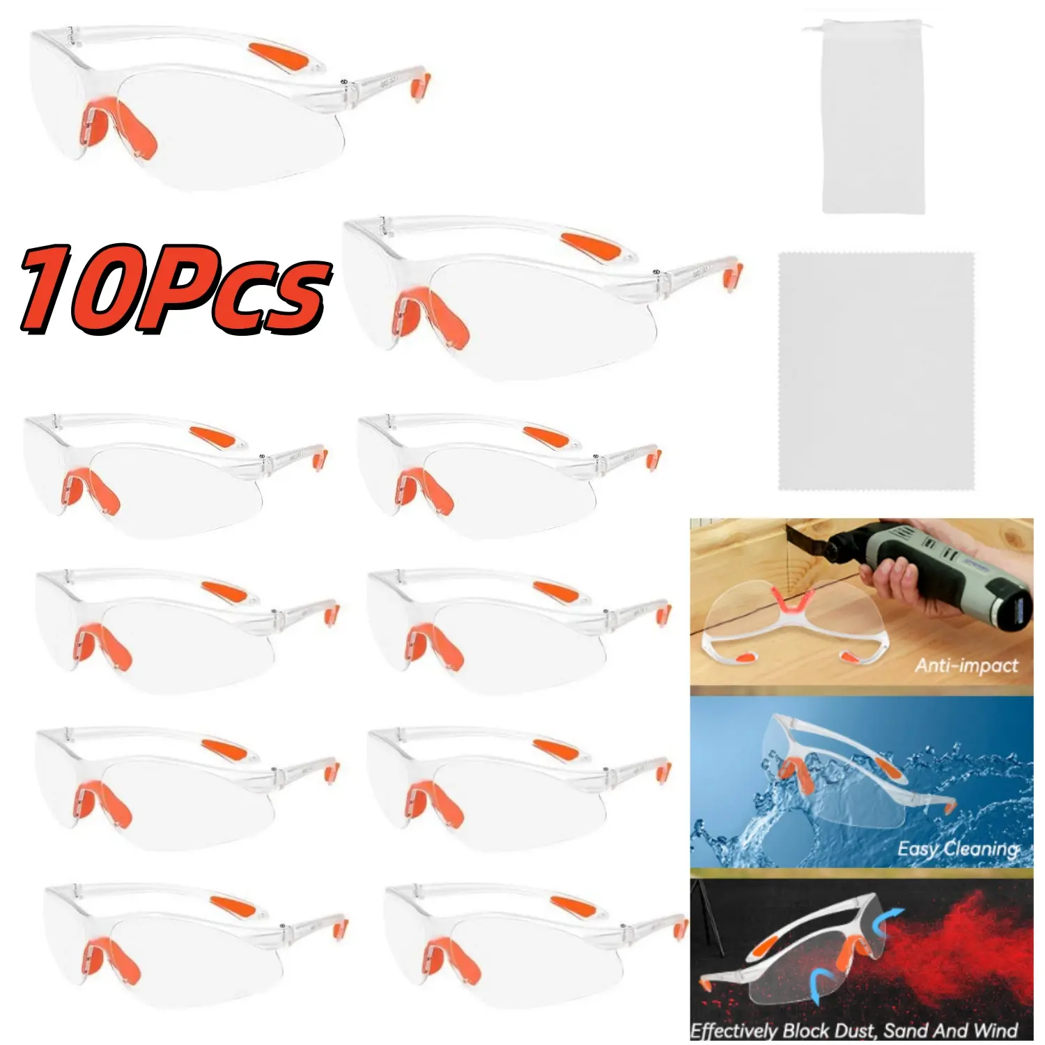 10Pcs Safety Glasses, Anti Fog Safety Goggles, Transparent Goggles, Temple Adjustable Goggles, Suitable For Working Men And Women