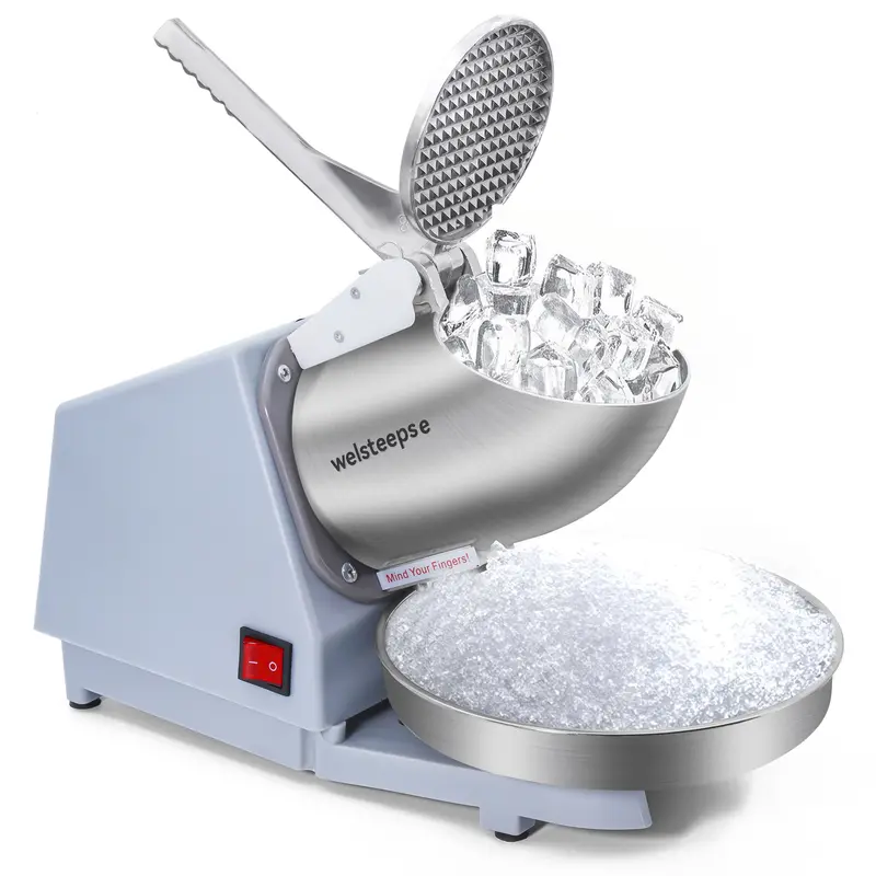 WELSTEEPSE Commercial-Grade Electric Shaved Ice Maker & Crusher, Stainless Steel 143lbs/hr Unit with Double Blades, Large Bowl, Ice Pick & Silver Kitchen Cover for Home & Commercial Use
