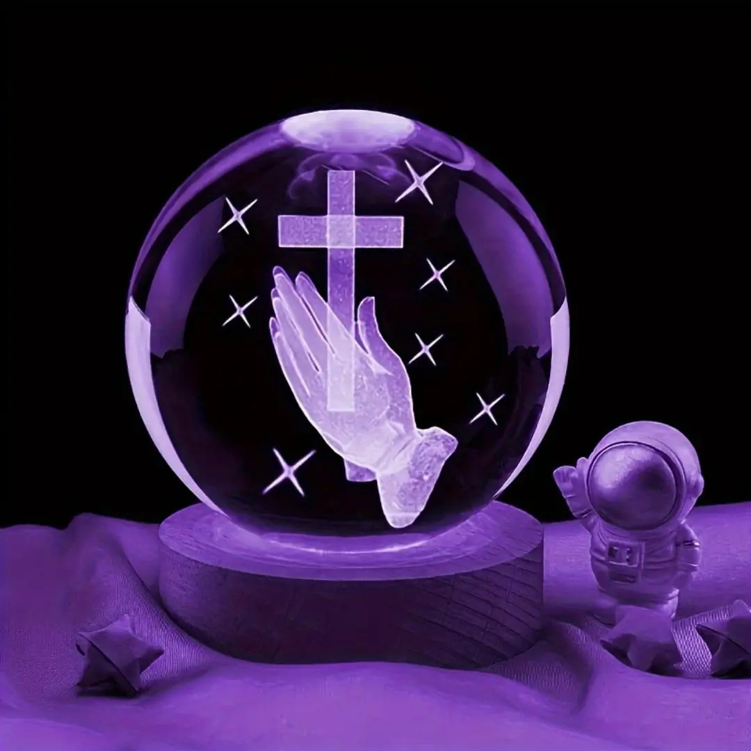 1pc 60MM/2.4inch 3D Interior Carved Handheld Cross Crystal Decorative Ball - Colorful Night Light, Religious Art, Ideal for Thanksgiving & Hanukkah Decoration Gift (Home Decor Statue)