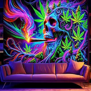 60in x 40in tapestry BlissYard Blacklight Cool Trippy Weed Marijuana Leaves Tapestry UV Reactive Skeleton Tapestry Smoking Skull Black Light Wall Tapestry Neon Psychedelic Tie Dye Stoner Poster Tapestry