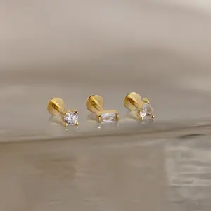 Mixed Diamond Flat Back Stud Set by Caitlyn Minimalist - Geometric Crystal Stud Earrings in Gold & Sterling Silver - Dainty Cartilage Earrings - Gifts for Women