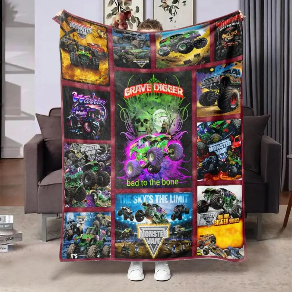 Monster Truck Pattern Blanket, 1 Count Soft Comfortable Throw, Warm Napping Blanket for Home Office Travel Camping Dormitory summerwins