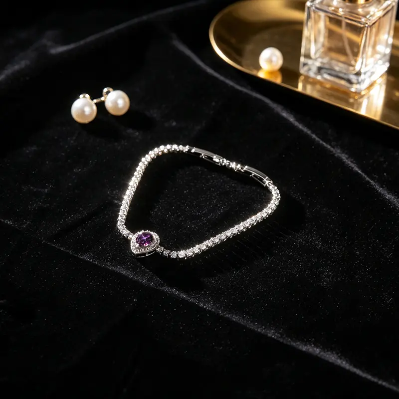 Purple Heart Zircon Tennis Bracelet | Romantic Sparkling Crystal Bangle,Shimmering Purple Heart Bracelet - The Ultimate Romantic Statement Piece