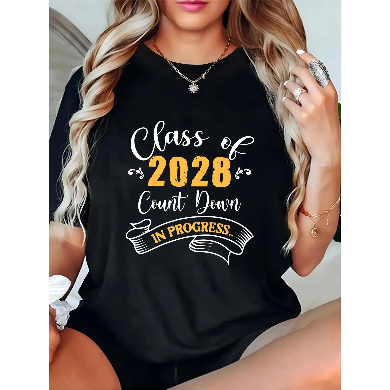 Women's Class of 2028 Graphic T-Shirt, Comfortable 100% Cotton Top with Prints for Students, Basic Shortsleeve for All-Day Wear, Feminine, Essential, Elegant, Fit, Ladies, Round Neck