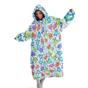 full-print sea turtle hooded wearable blanket, digitally printed flannel blanket, Flannel cozy blanket, soft and warm blanket suitable for sofa cover, air-conditioning blanket, nap blanket, bed cover, office, camping, and travel