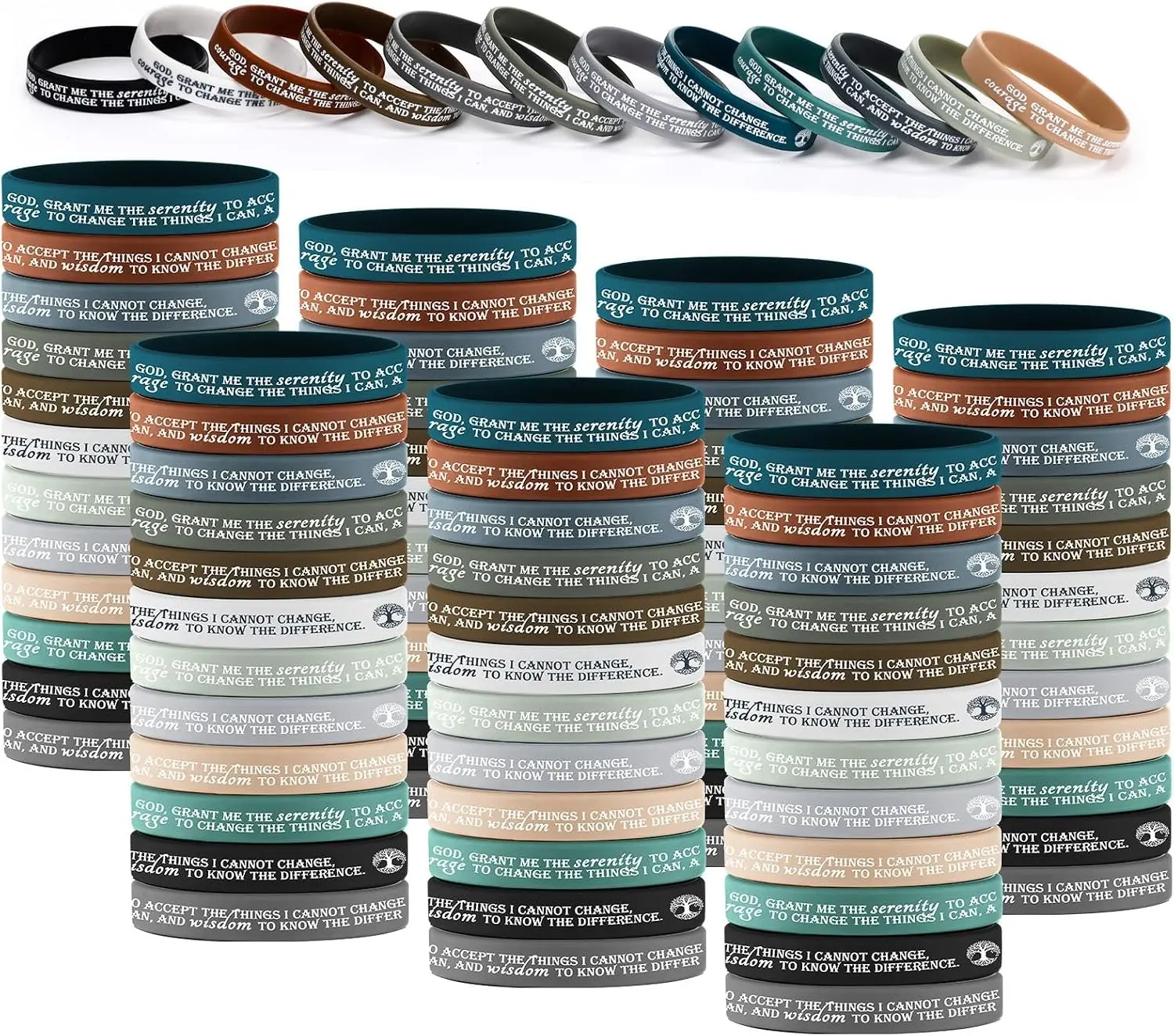 50-Pcs Bulk Pack Silicone Sobriety Bracelets with Serenity Prayer Reminder Text, Multiple Colors Option (Dark Color Included), Recovery Aid Gifts for Men/Women, Suitable for Recovery Groups