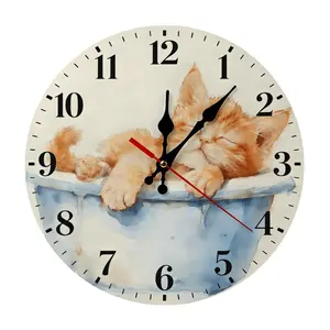 12 Inch Watercolor Sleeping Orange Cat Wall Clock, Silent Non-Ticking Quartz Wall Clock, Cute Kitten Animal Wall Watch for Home Living Room Bedroom Cat Lover Decor