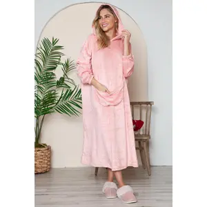 Double Take Full Size Pocketed Hooded Midi Lounge Dress Long Sleeve All Seasons Opaque Slightly Stretchy 100% Polyester