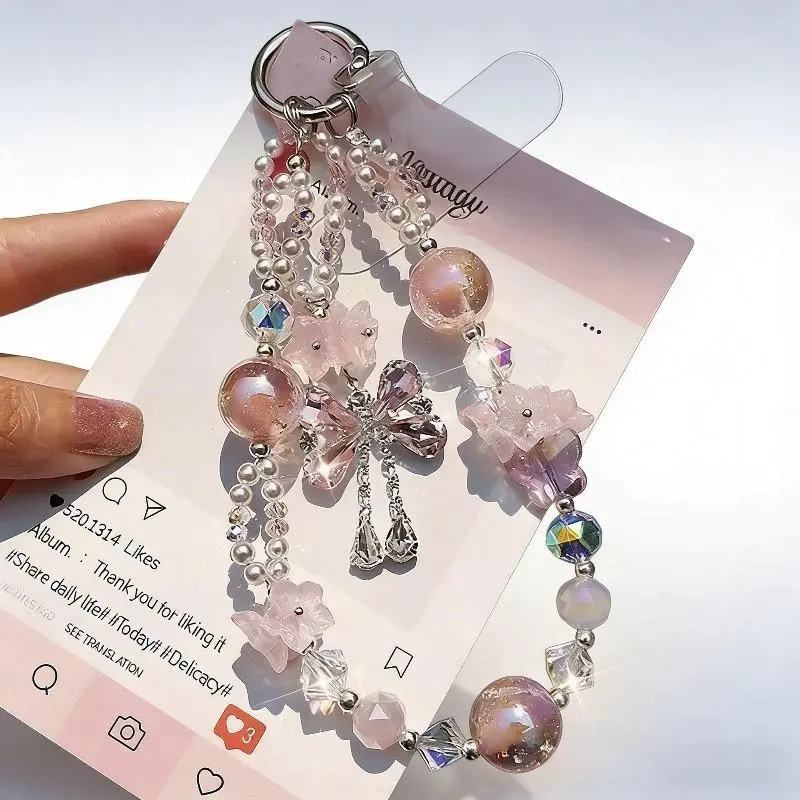 Handmade Colorful Beaded Bow Phone Bracelet - Crystal Tassel Charms, Universal Fit for Smartphone, iPhone, Android, Cute Decorative Wrist Strap (Sports & Outdoor Protective Gear Accessory)