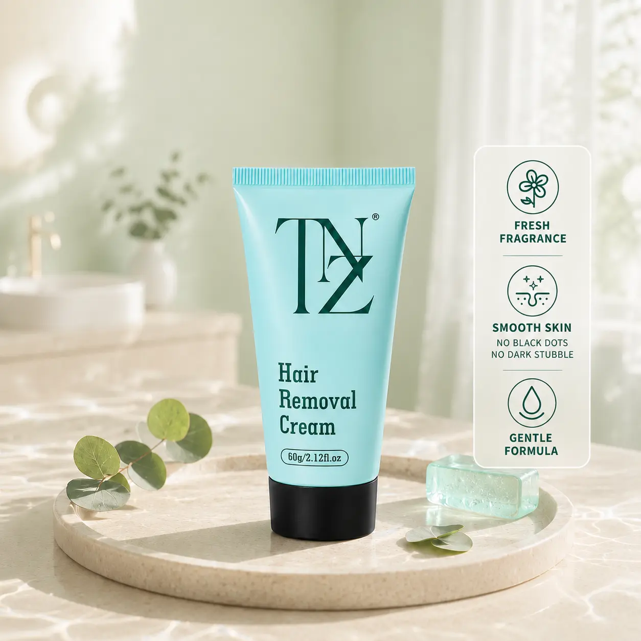 TNZ Pain-Free Hair Removal Cream for Sensitive Skin & Beginners - Gentle 8-Min Depilatory with Aloe & Licorice, No Ingrown Hairs, Body Care Soothing Dry Single Item Wipe, 60g, Bikini Line Smooth, Multiple Areas, Botanical Mix, Fast & Easy To Use