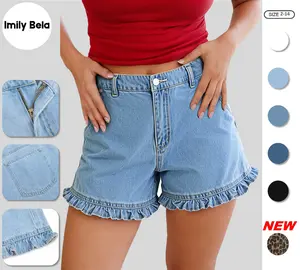 Imily Bela Womens Summer Ruffle Denim Shorts Cute High Waisted Cotton Short Jeans with Pockets SpringStatements.Size down if you are between sizes.