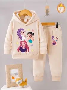Girls' Fall Winter Fleece Set, Kpop Demon Hunters Cartoon Print Hoodie & Sweatpants, Cute Warm Casual Kids Clothing