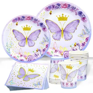New Butterfly Disposable Tableware Plate Cup Napkin Sets Baby Shower One Year Old 1st 2nd Birthday Girl Party Decoration Butterfly Gifts