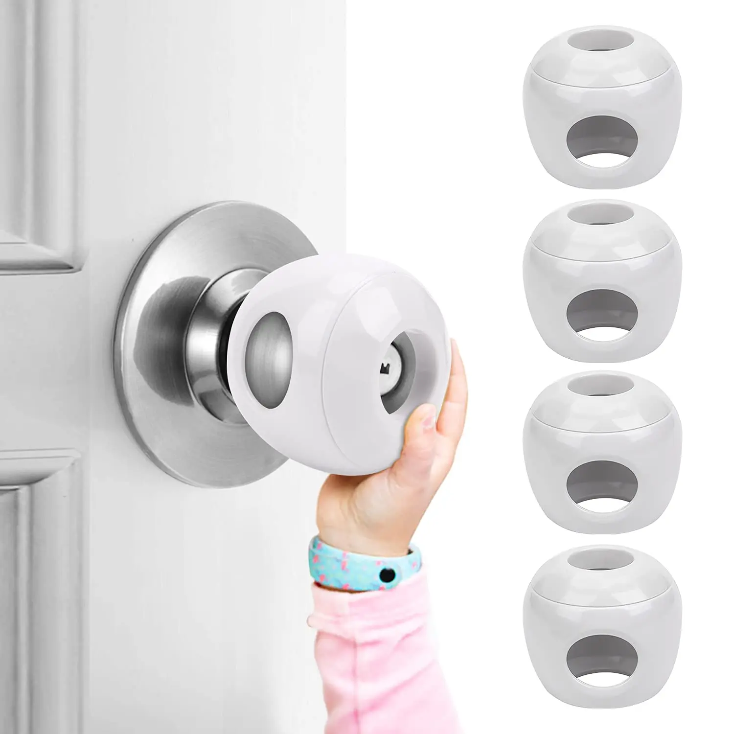 Baby Safety Door Knob Covers (4-Pack) - Universal Fit Child Proof Protectors, Lockable Easy Grip, 1-Hand Parent Operation, Tool-Free Installation, Halloween & Christmas Gifts