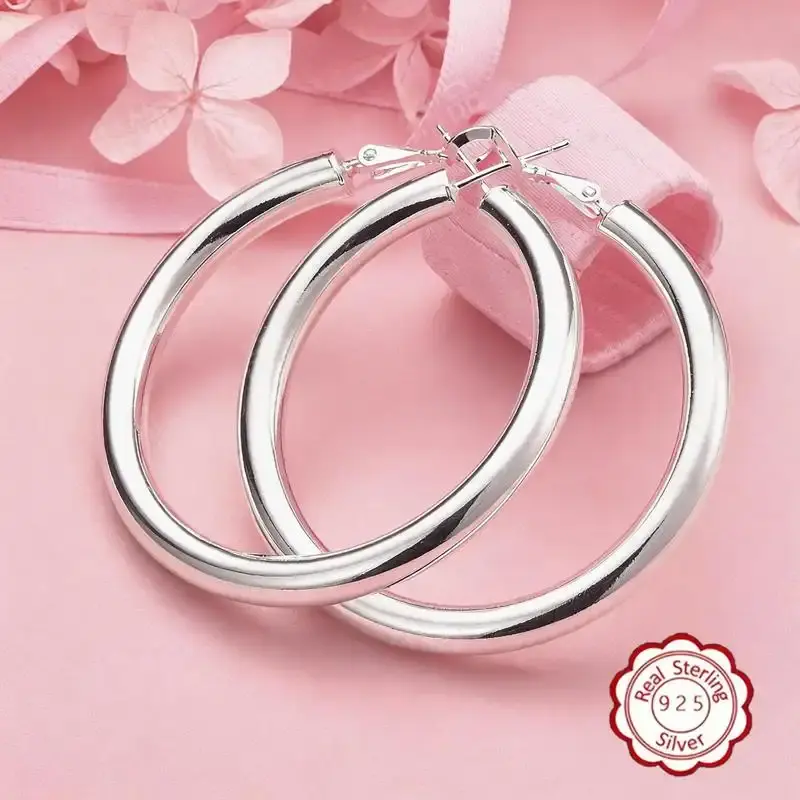 925  Silver Post Chunky  Hoop Earrings,Suitable For Women,Lightweight Hollow Tube 50mm，Hypoallergenic Ear Needles, Suitable For Daily And Vacation Wear, Suitable As Valentine's Day Giftsummerwins