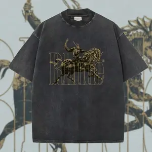 RHUDE Retro Warrior on Horse Graphic T-Shirt – Distressed Look, Gothic Serif Lettering, Unisex Oversized Fit