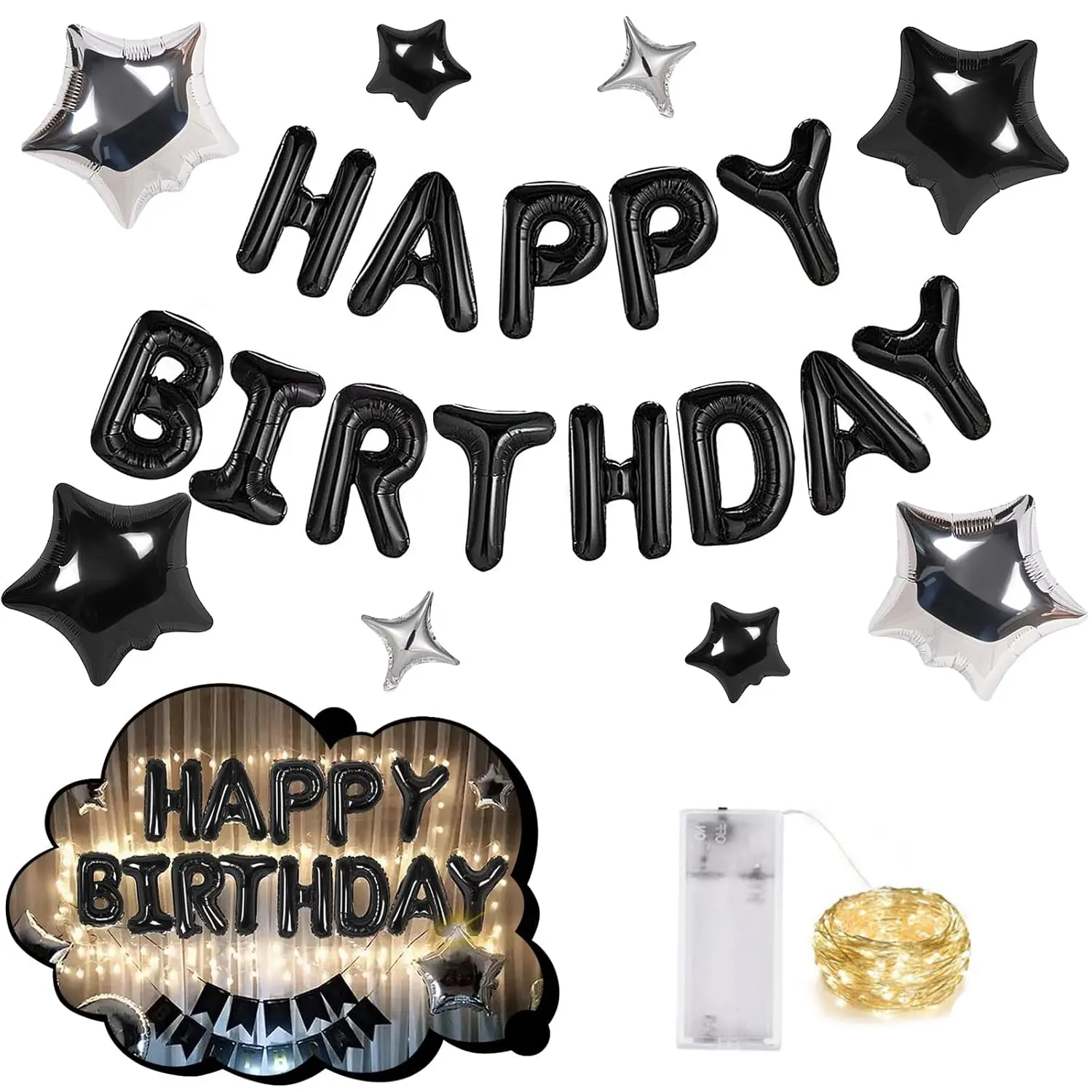 3D Black Happy Birthday Banner Set with Mylar Letters, Star Balloons, and LED Lights for Parties