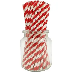 Biodegradable Red Striped Disposable Paper Cocktail Straws, 7.75 in Sturdy Beverage Utensils, Box of 100 Eco-Friendly Christmas Red and White Straws for Birthday, Milkshake, Coffee Drinks
