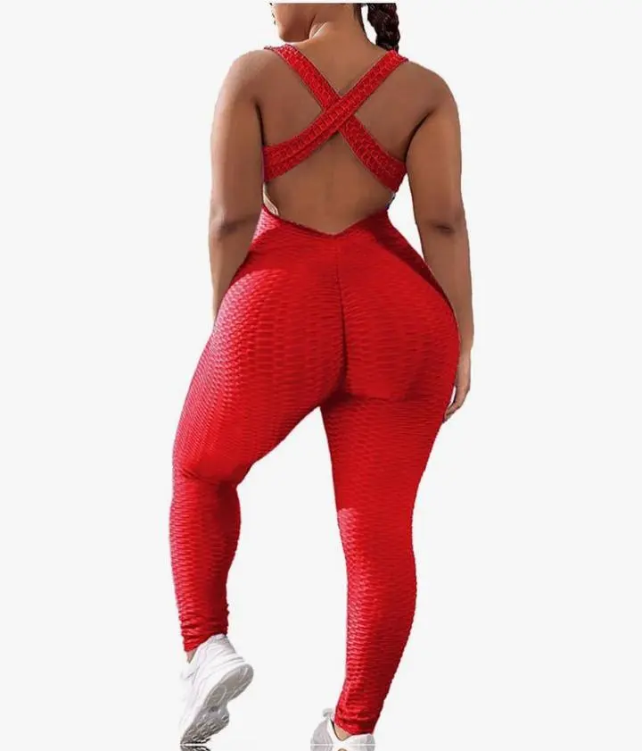 Red Hot Textured Snatch Suit - Breathable Cross-Back Open Detail Scrunch Jumpsuit for Workouts & Errands