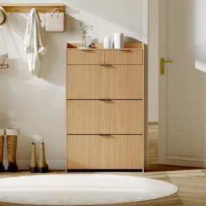 Wave Design Shoe Cabinet – 3 Slip Drawers + 2 Drawers, Fluted Wooden Shoe Storage for Entryway, Slim Hidden Shoe Organizer with Raised Edges for Front Door, Living Room