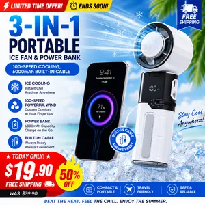 Portable Fan & Power Bank: 3-in-1 Handheld Ice Cooling Fan with 6000mAh Built-in Cable