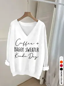 Casual Women's Long Sleeve V Neck Sweatshirt with Fun Letter Print, Elegant Ribbed Hem Fashion for All Seasons, Perfect for Fall and Winter, Lady Womenswear