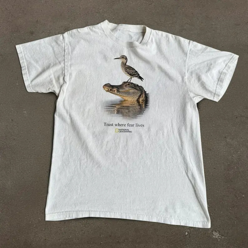 National Geographic "Trust Where Fear Lives" Crocodile & Bird Vintage T-Shirt, Funny Vintage Y2K Shirt, Unisex Shirt For Men Women