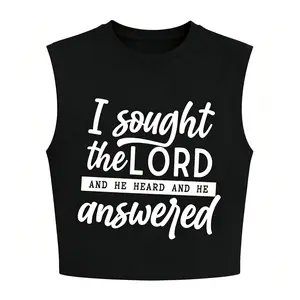 T-Shirt，Women's Black-White Crew Neck Cropped Tops - "I Sought The Lord He Heard And Answered" Scripture Print, Casual Everyday Inspirational Christian Faith Apparel for Summer Workout (WomensChristianFashion, ScriptureStyle, FaithInspiration) wear