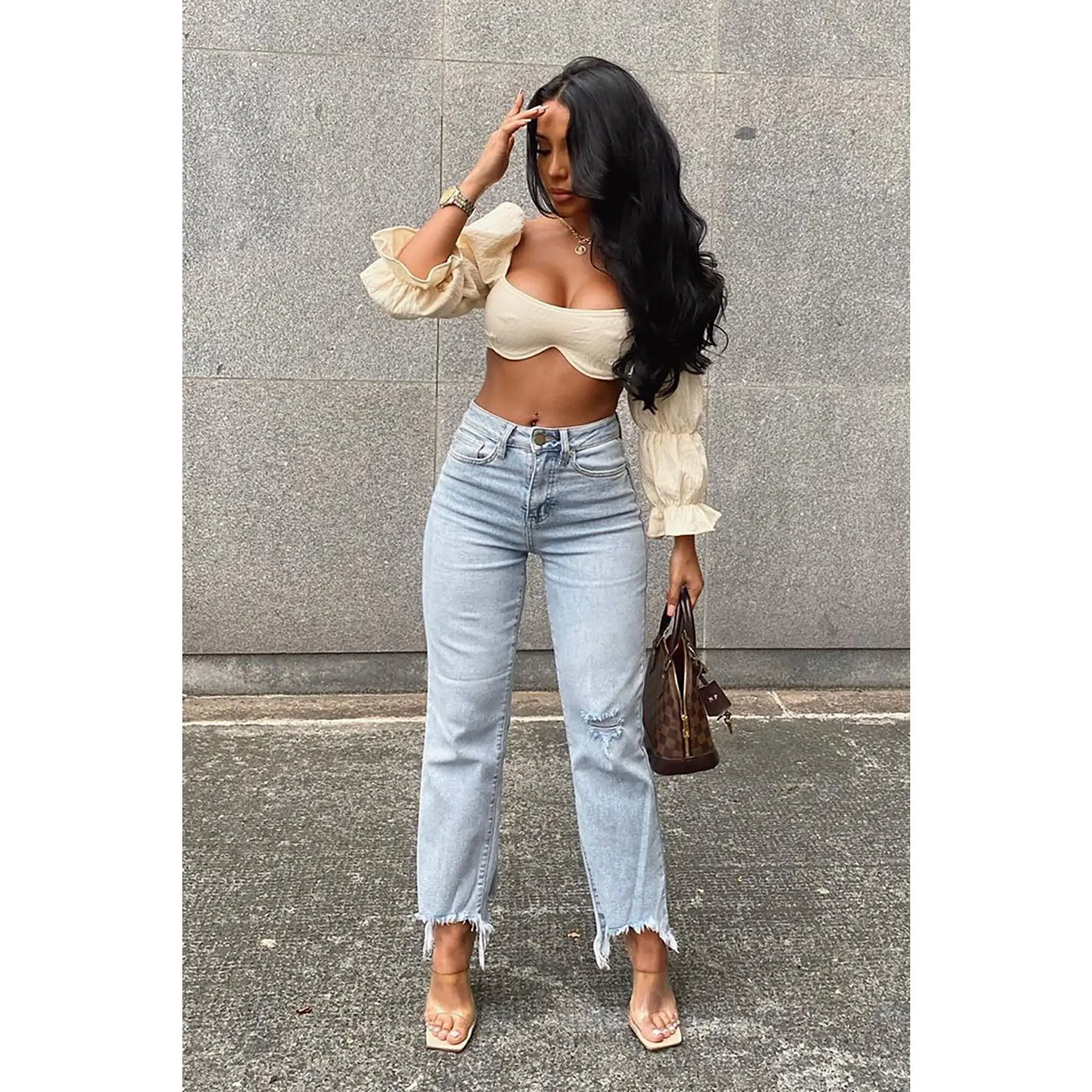 Time Out Crossover Distressed Vintage Ankle Jeans - Light Blue Wash Time Out Crossover Distressed Vintage Ankle Jeans - Light Blue Wash
