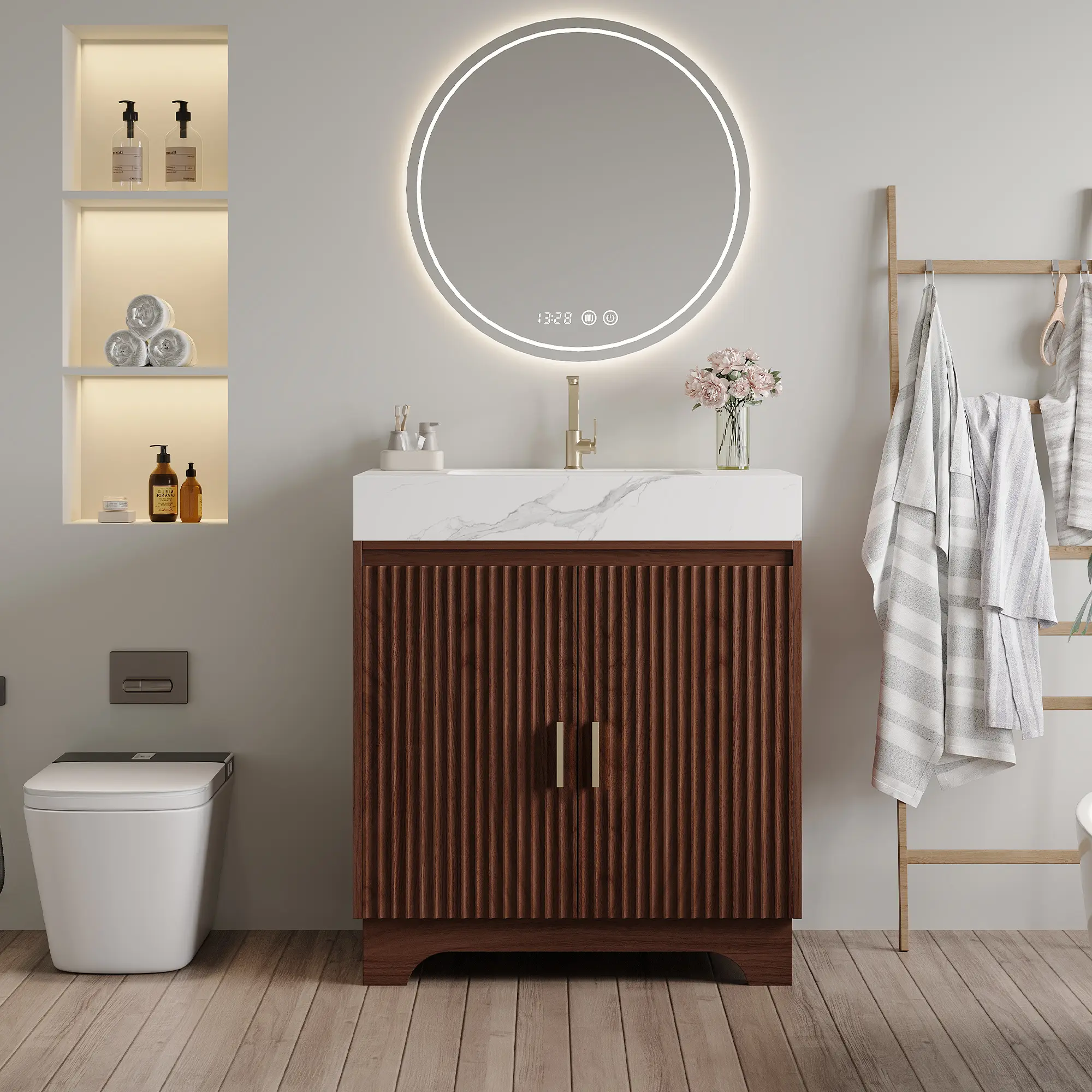 30-Inch Freestanding Bathroom Vanity with Ceramic Sink and Sintered Stone Top, Soft-Close Floor Cabinet in White, Single Basin Storage Solution