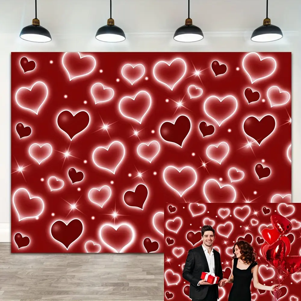 1PC Polyester 2D Flat Summer Vibes Valentine's Day Love Flash Backdrop - Romantic Red Heart Party Decoration Curtain, Party Decoration Supplies, Banners, Birthday Wedding Proposal Photo Background Prop