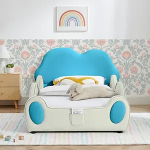Twin Size Kids Bed Frame with Guardrails, Cute Cloud Shape PU Leather Platform Bed, Safety Toddler Bed with Cartoon Blue & Beige Design and Storage Pocket