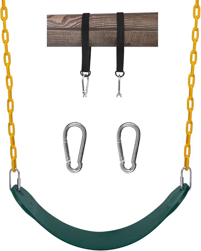 Unisex Heavy-Duty Soft Kids Outdoor Playground Swing Seat - ASTM Certified, High-Quality Materials, Non-Slip Design, Easy to Clean, 66in Chain, Snap Hooks, Hanging Strap, 440lb Capacity, 26.5"x5.5", Residential Swinging Use (Green)