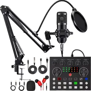 V8 Live Sound Card Podcast Equipment Bundle with Microphone Set, Includes Audio Interface, Connects to Windows, and Supports Live Audio and Recording