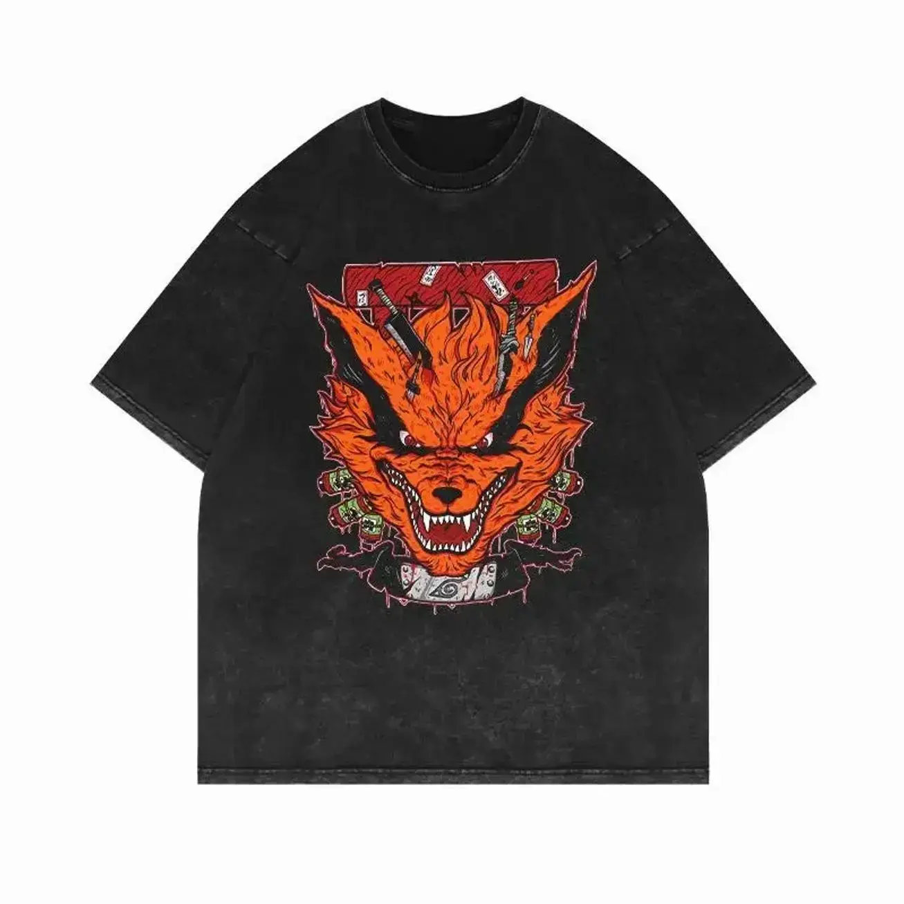 Naruto Shippuden Kurama Nine Tails Vintage Washed T-Shirt 100% Cotton Edgy Streetwear Oversized Unisex Distressed Black Short Sleeve Top Retro Anime Graphic Tee Gift For Naruto Fans Men Women S-5XL