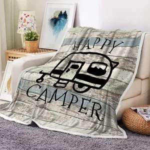 Happy Camper Throw Blankets, Retro Rustic Wood Neutral Color for Travel Trailer Camping Theme Motor RV Cozy Warm Bed Couch Blanket, Farmhouse White Fleece Flannel Throws to Decorate the Room Bedroom