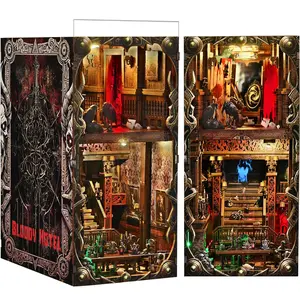 [Bloody Hotel] DIY Book Nook Kit, Miniature House Model with Dust Cover, 3D Wooden Puzzle, Haunted Horror Theme for Halloween