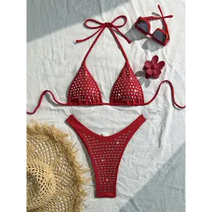 EMoooms 2pcs Sexy Red Halter Neck + High-Waist Thong Bikini Set with Shiny Silvery Rhinestones, Suitable for Beach, Pool, Vacation P0473B 25SS Summer Trend, High Waist Bikini Set, De Bikini Taille Plus, Bikini Plus Size, Seashell Bikini, Tr