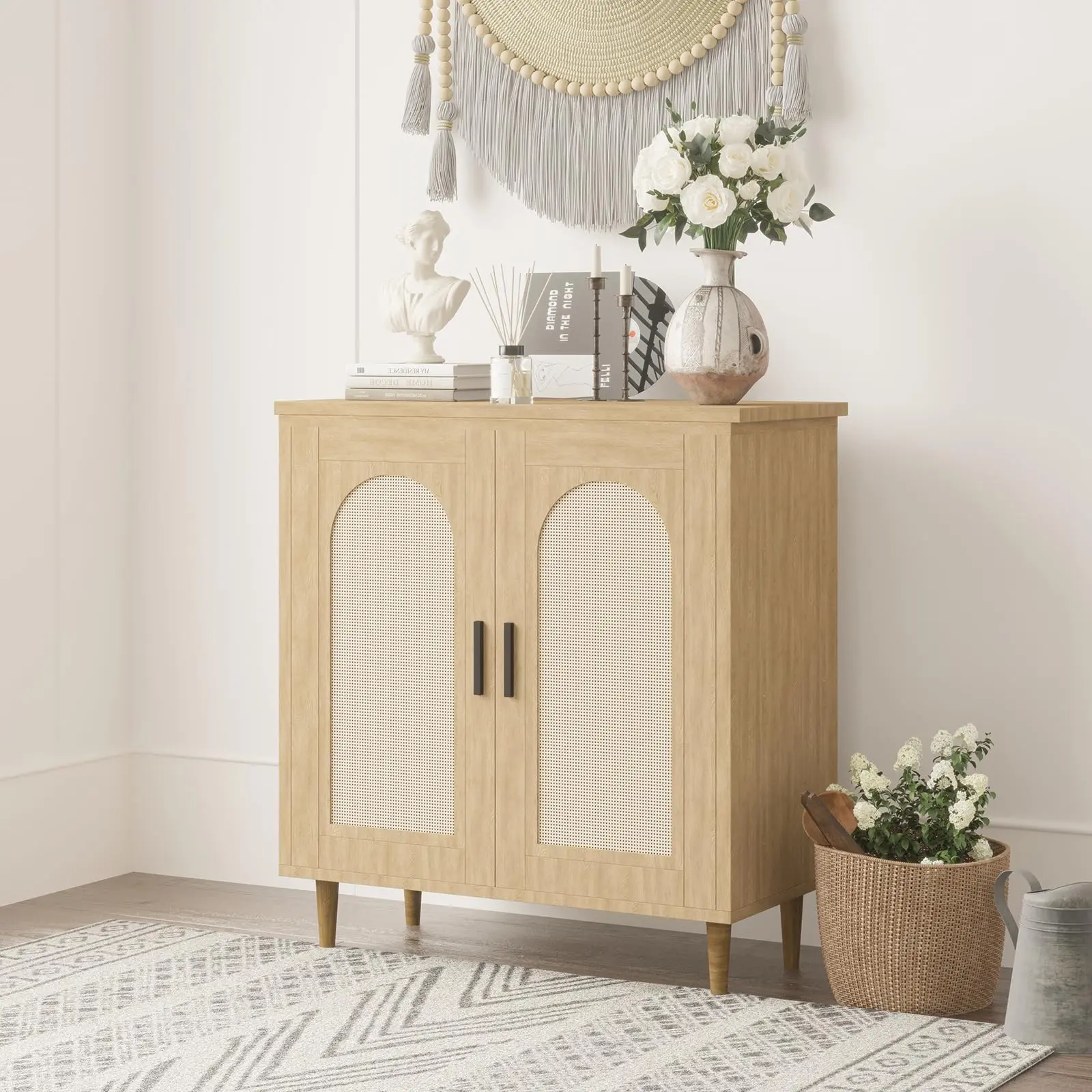 Garvee Compact Rattan Buffet Sideboard Cabinet – Single Door, Adjustable Shelves, Sturdy Wood Feet, Space-Saving Entryway & Kitchen Storage Console Table – Versatile Hallway Organizer